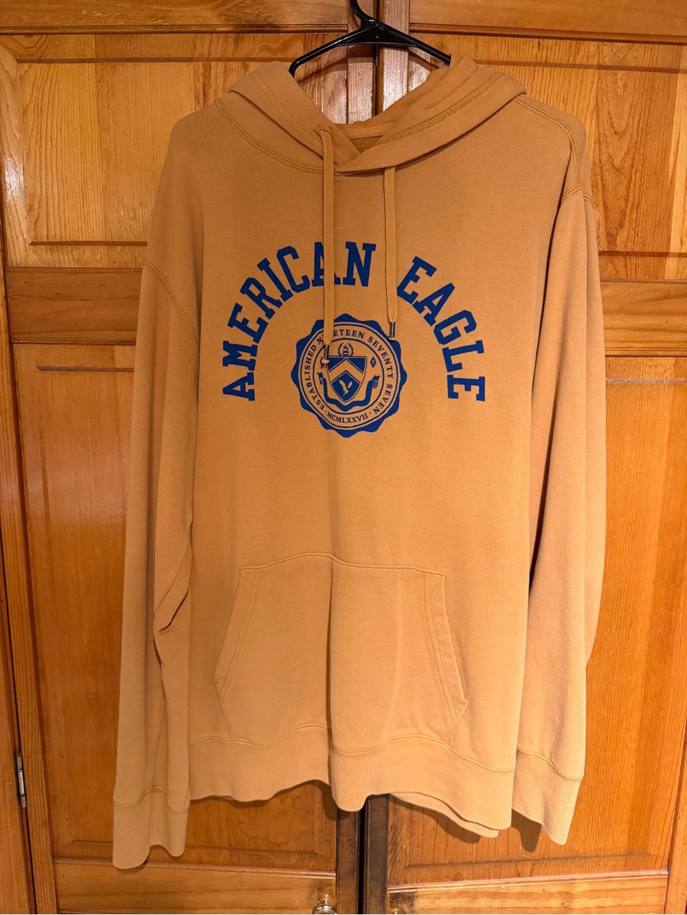 American Eagle Outfitters Mustard Hoodie with Blue Logo